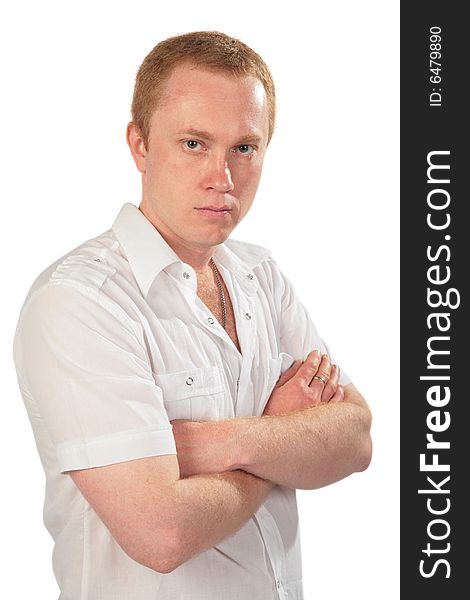 Red-haired man posing on white