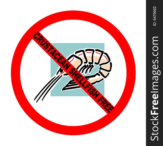 Prohibition symbol for crustacean shellfish-free food for those with shellfish intolerance with explicit text. Prohibition symbol for crustacean shellfish-free food for those with shellfish intolerance with explicit text