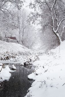 Snowing Over A Winter Stream Royalty Free Stock Images Snowing Over A Winter Stream Royalty Free Stock Images
