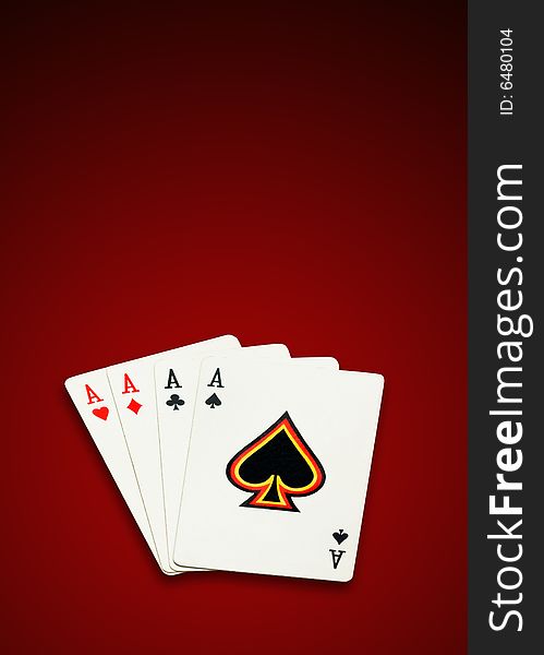 Four aces, poker cards on white background, isolated, clipping path excludes the shadow.