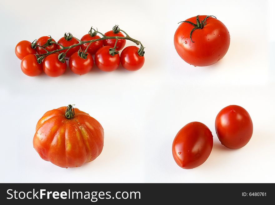 Collage of 4 kinds of tomatoes on white background