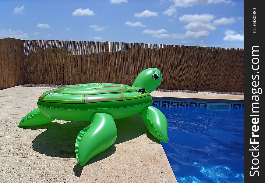 Green inflatable turtle near the swimming-pool. Green inflatable turtle near the swimming-pool