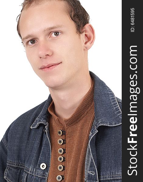 Young caucasian man wearing trendy clothes isolated on white background