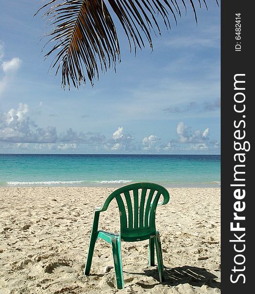 Green beach chair under a palm tree on the ocean shore in tropical resort, Barbados. Green beach chair under a palm tree on the ocean shore in tropical resort, Barbados