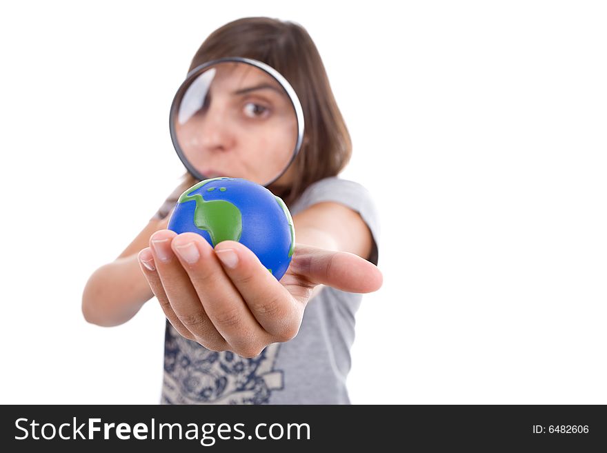 Young Woman Holding Small Earth Globe