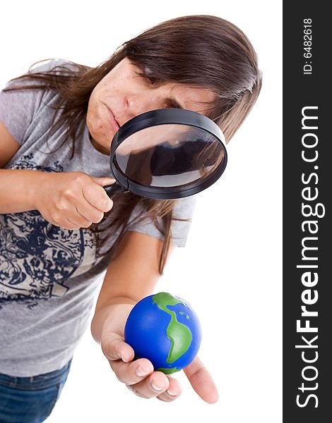 Young woman holding small earth globe isolated on white background