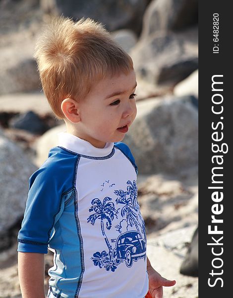 A toddler boy looking in the distance while at the beach. A toddler boy looking in the distance while at the beach.