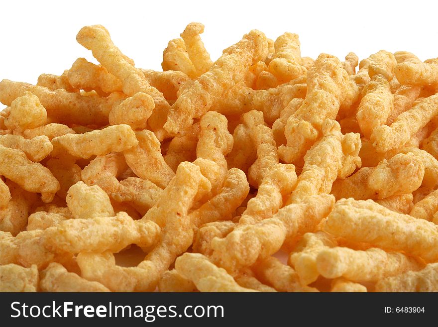 Fat chips made from potatoes on the white background