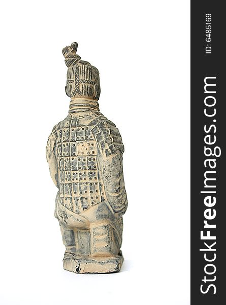 Back view of a kneeling terracotta warrior foot soldier against a white background