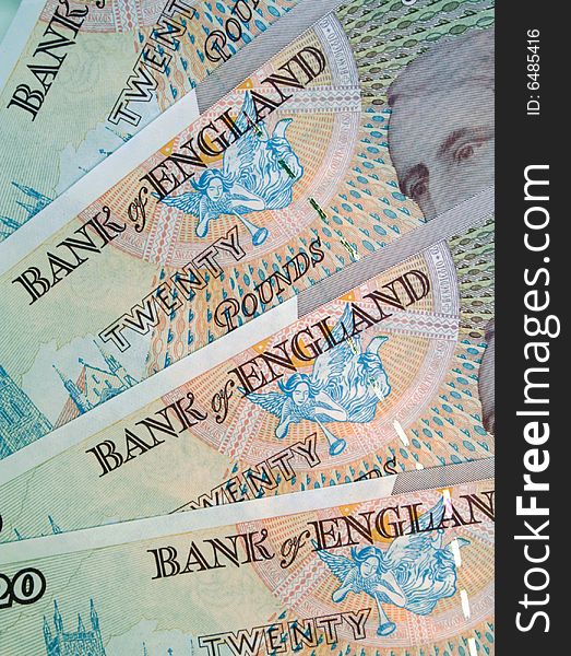 Close-up of English twenty pound currency notes. Close-up of English twenty pound currency notes
