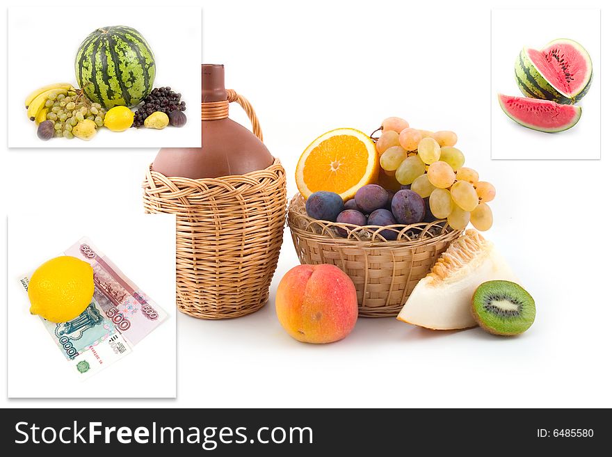 Collage with fruit and money on a white background