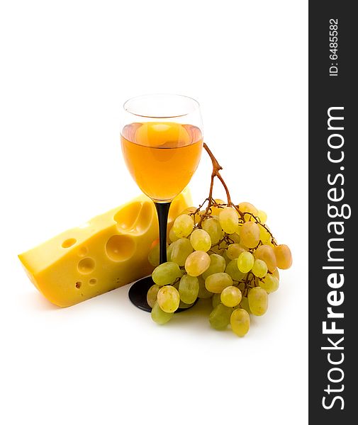 Grapes and bottle fault with cheese on white background