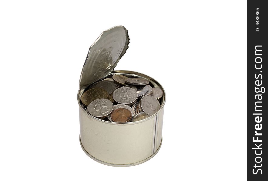 Isolated opened tin brimfull with coins on white background. Isolated opened tin brimfull with coins on white background