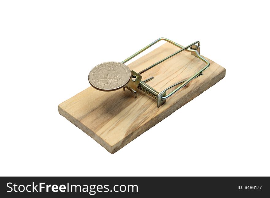 Coin like a bait lying in mousetrap on white background. Coin like a bait lying in mousetrap on white background