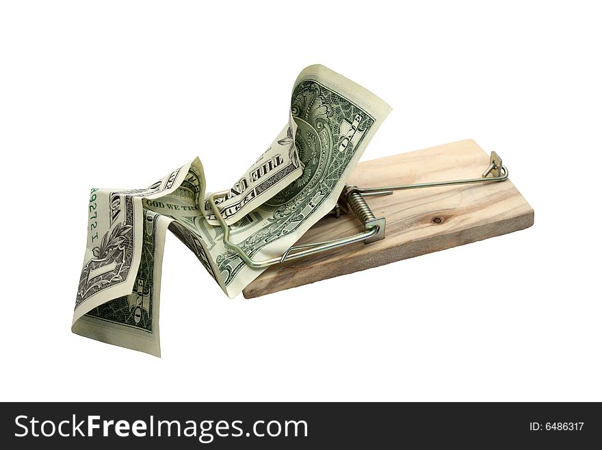 One dollar bill in mousetrap on white background. One dollar bill in mousetrap on white background