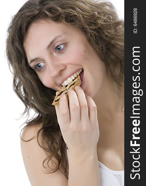 Young Woman Eating A Cake