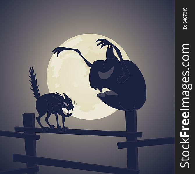 Black Cat vs Dark Pumpkin with Moon at Background. Black Cat vs Dark Pumpkin with Moon at Background