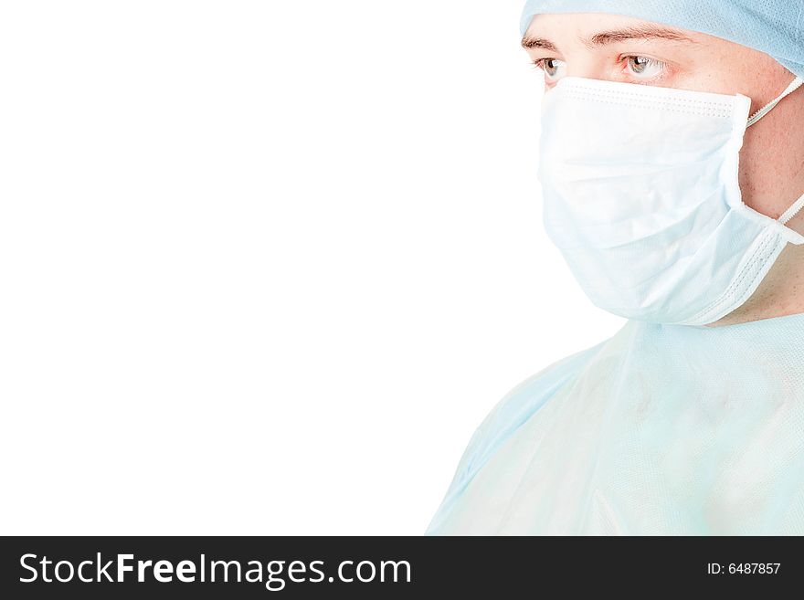 Man doctor face portrait in mask, copy space for white background