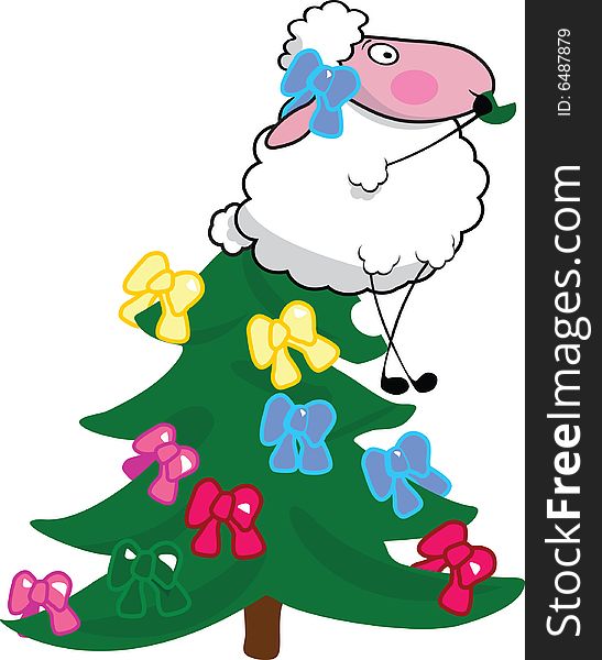 Vector illustration of a sheep while she's eating the christmas tree. Vector illustration of a sheep while she's eating the christmas tree.