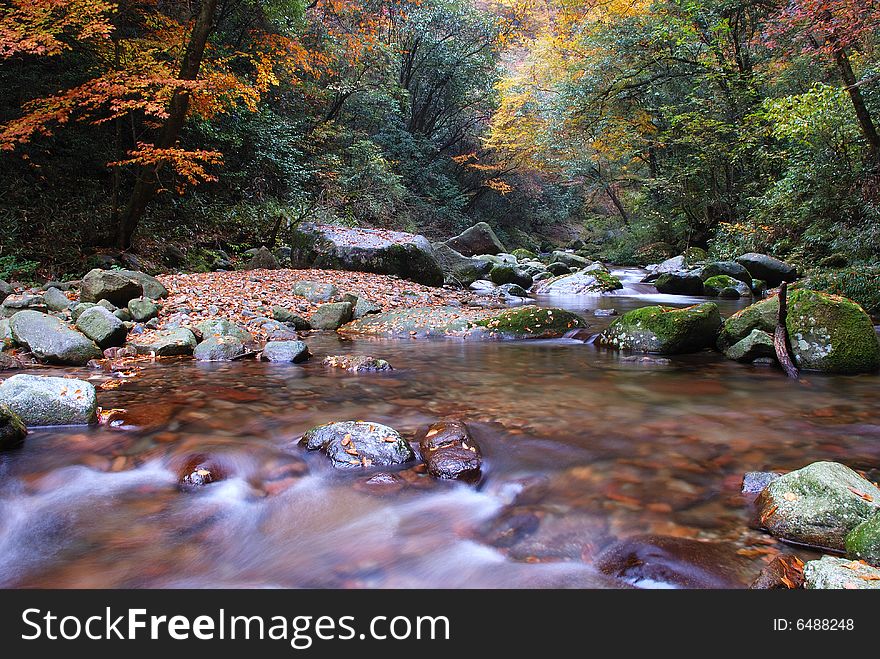 In the fall of the stream, the water is very clear, both sides of the red and yellow leaves.The photography place is the Chinese Sichuan Nanjiang County's Mt. Guangwu