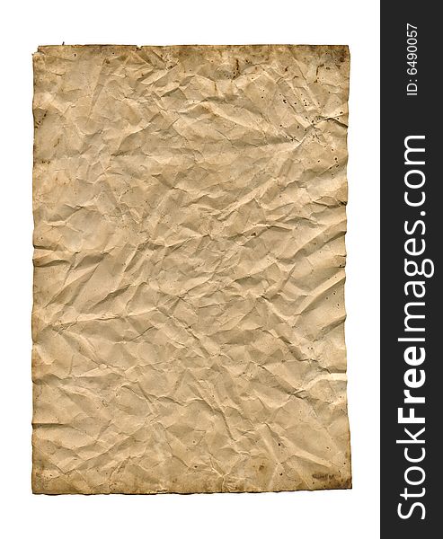 The old dirty crumpled paper is isolated on a white background. The old dirty crumpled paper is isolated on a white background