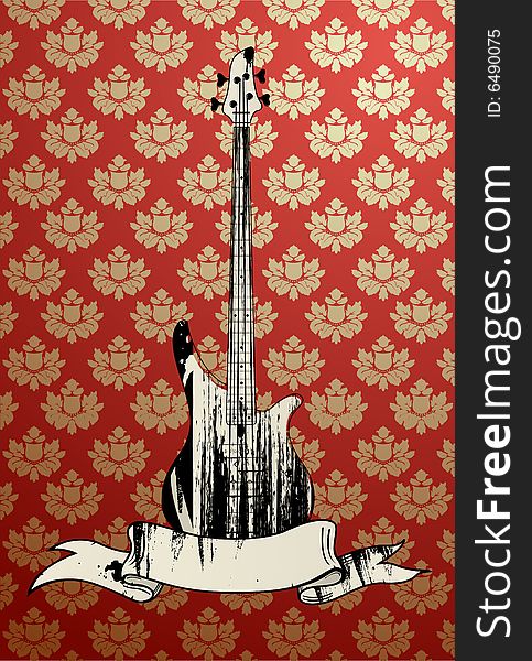 Vector illustration of grungy bass guitar on glamour floral background. Vector illustration of grungy bass guitar on glamour floral background