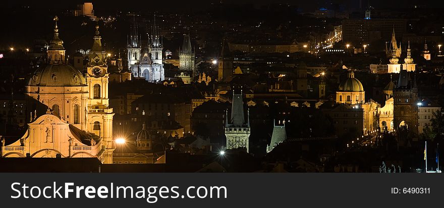 Night Prague view of church towers of Little Quarter and Old Town. Night Prague view of church towers of Little Quarter and Old Town.