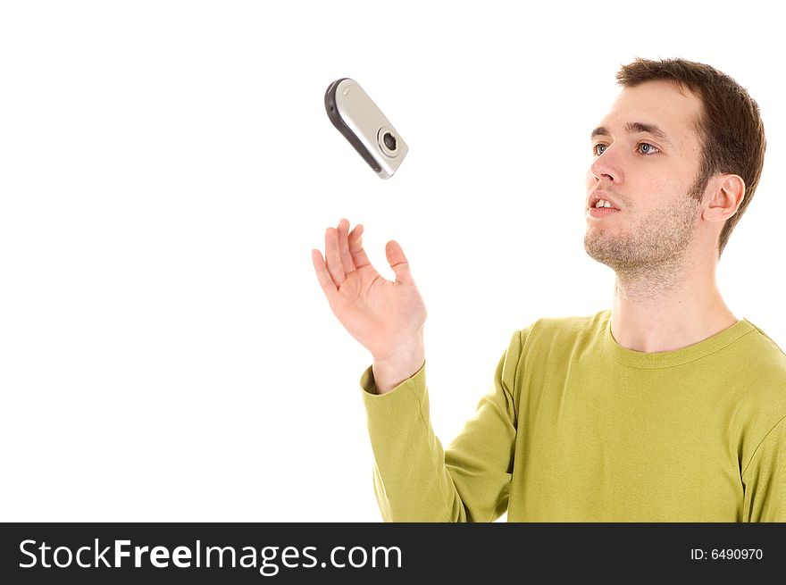 Young guy with cell phone (isolated on white)