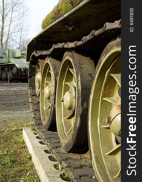 Caterpillar of the tank T-34, colored photo. Caterpillar of the tank T-34, colored photo