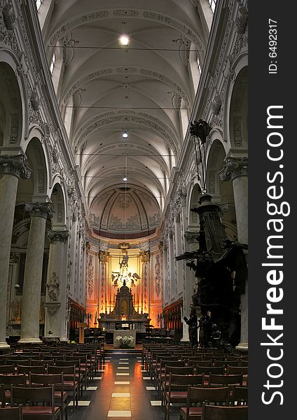 Panoramic view of church interior in Brussels, Belgium. Panoramic view of church interior in Brussels, Belgium.