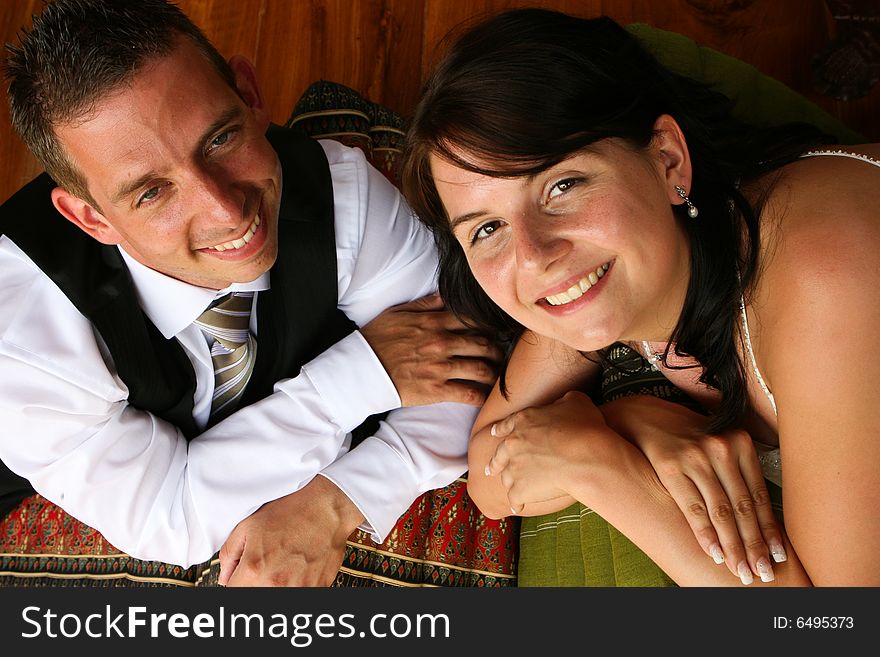 Happy bride and groom on their wedding day.