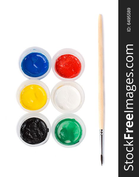 Six colors of gouache and paintbrush, isolated on white