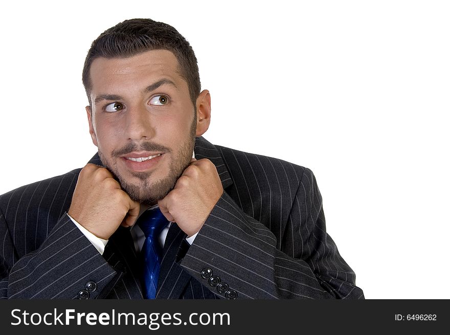 Executive putting his chin in hands on an isolated white background