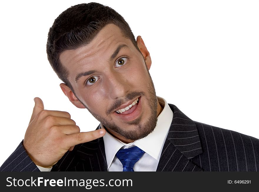 Executive showing telephone hand gesture on an isolated background