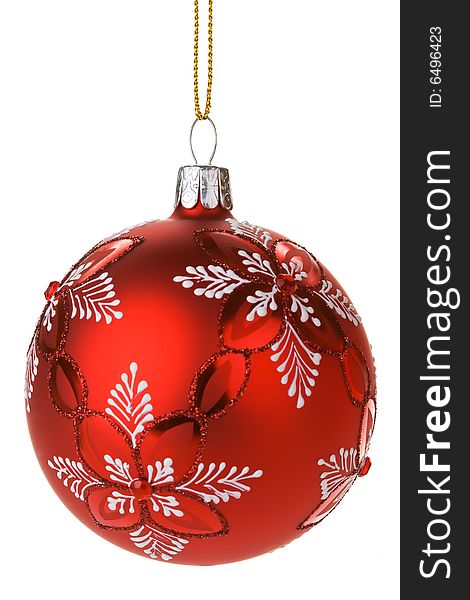 Hanging Decorated Red Christmas Bauble with gold thread. Hanging Decorated Red Christmas Bauble with gold thread