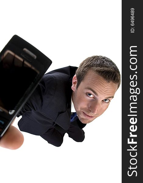 Young businessman showing his mobile with white background