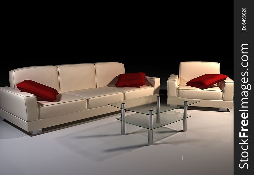 Leather sofa & glass table 3D computer rendering