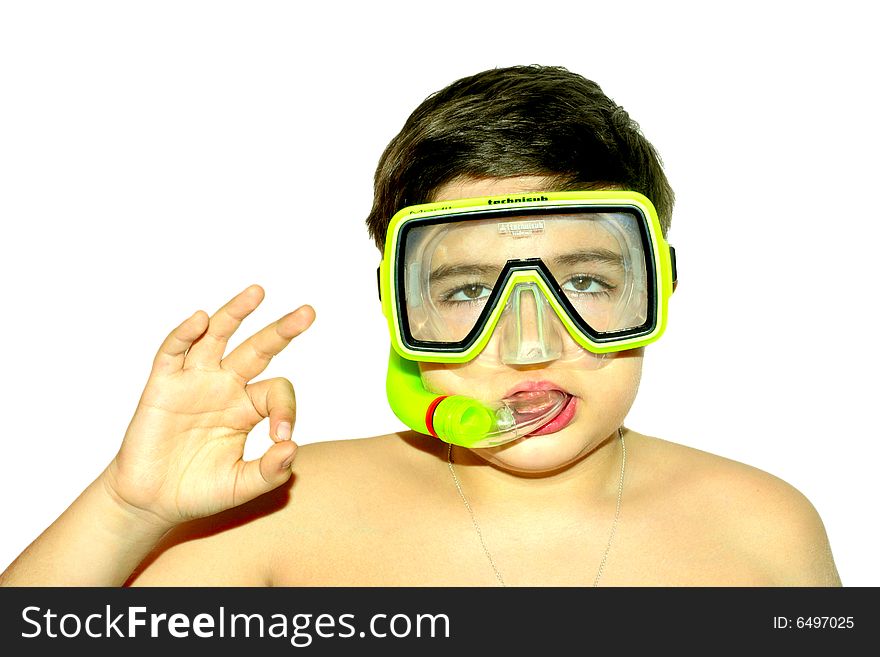 Child with diving mask over white background