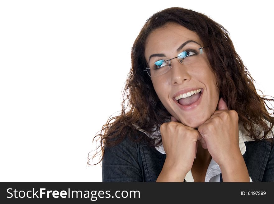 Smiling lady with chin over hands  on an isolated background