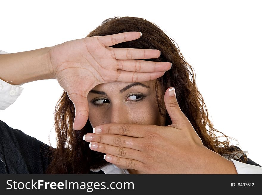 Woman with hand frame against white background