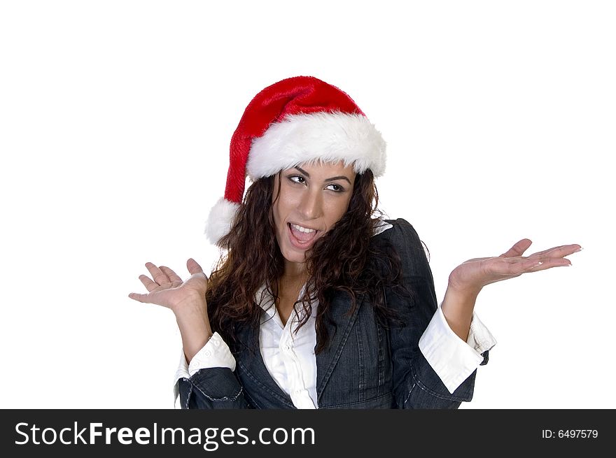 Lady making pose with palms on an isolated background