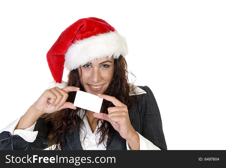 Female holding card on an isolated background. Female holding card on an isolated background