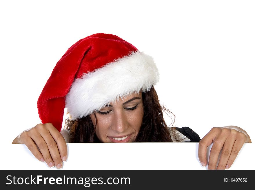 Lady in christmas cap against white background