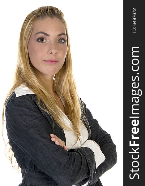 Posing lady with folded hands on an isolated white background