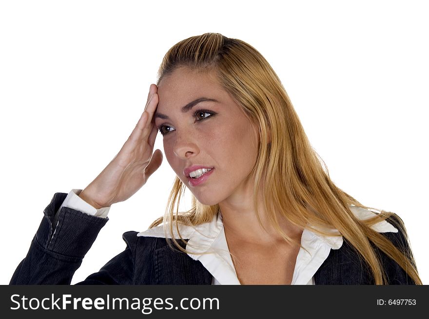 Young lady in tension on white background