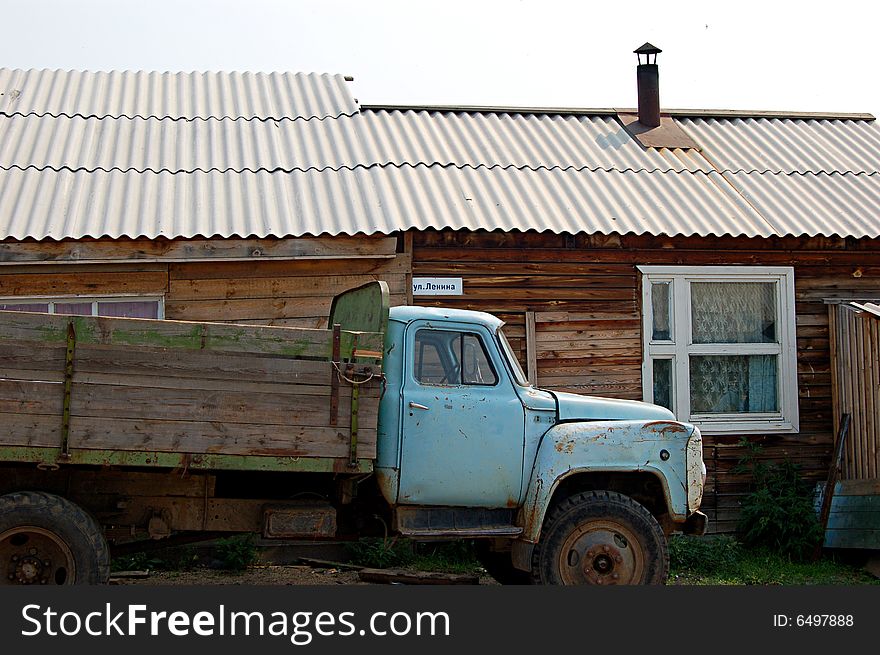 Lenin street in Russian village at Baikal lake