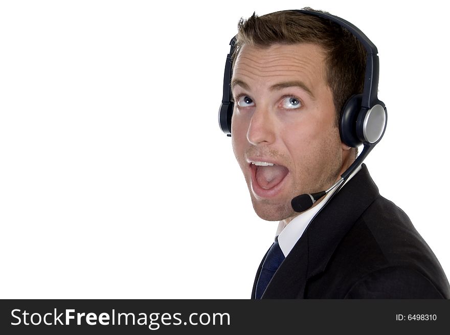 Surprised businessman with headphone on an isolated white background