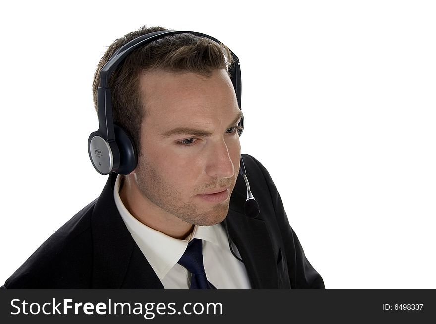 Businessman wearing headset on white background