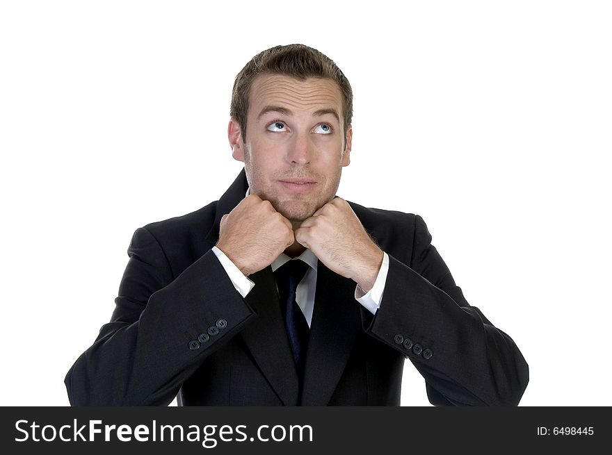 Man with clenched hand and looking upside with white background