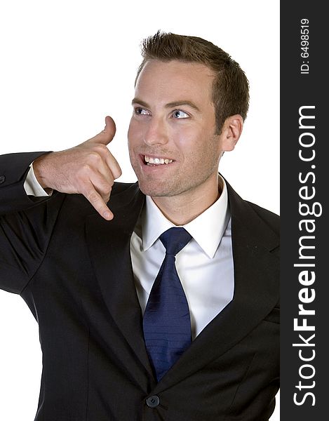 Businessman posing calling hand gesture with white background